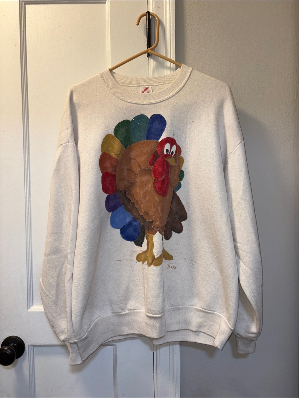 Jerzees White Crewneck Sweatshirt with Colorful Turkey Graphic